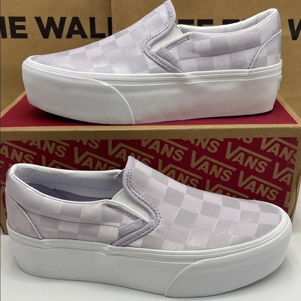 Vans Platform Sneakers Classic Slip-On Stackform Satin Checkerboard Lilac